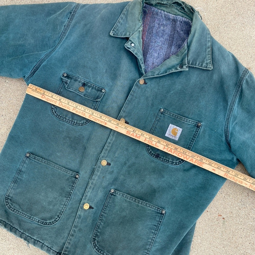 Vintage 80s 90s Carhartt Barn Jacket Coat L/XL Distressed Teal Green Made In USA - Picture 8 of 11
